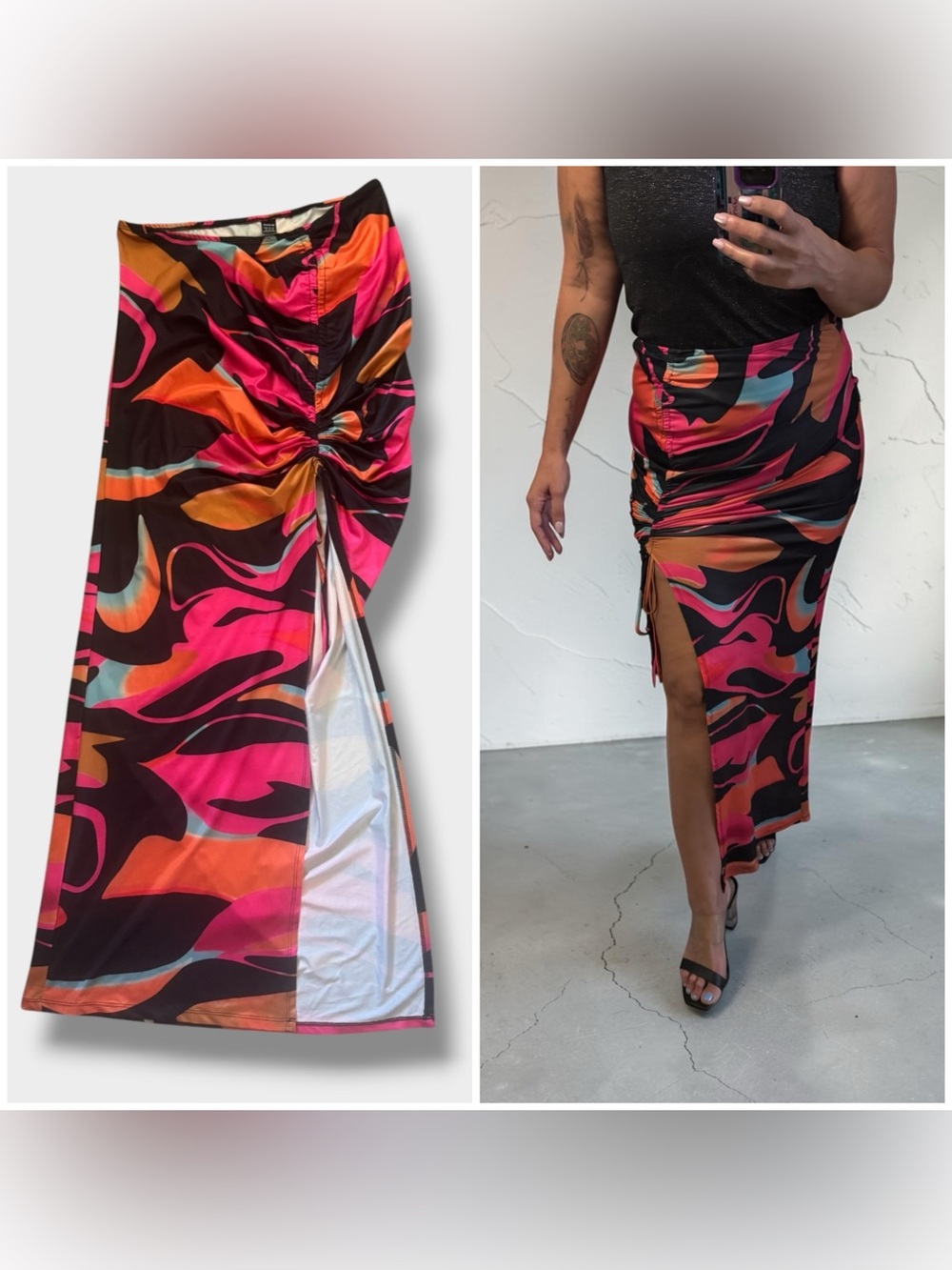 NEW SHEIN Black Pink Orange Swirl Ruched High-Low Midi Skirt With Slit, XL/12